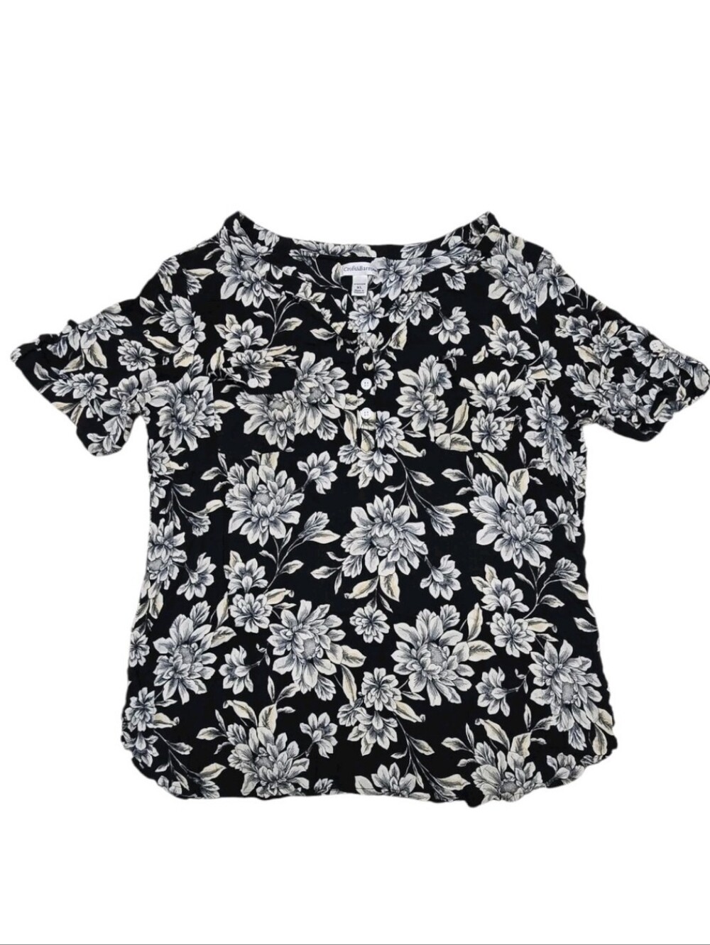 Croft & Barrow Stretch Blouse Top XL Black Flowers 2 Front Pockets Buttons